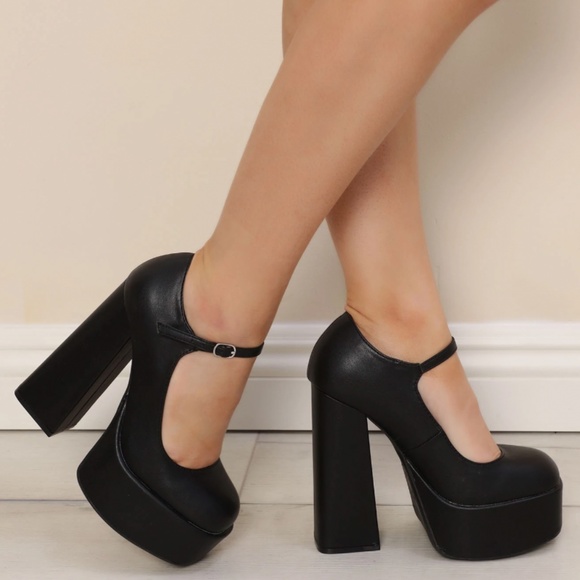 New Black Mary Jane Platform Chunky Heel Pumps - Picture 2 of 3